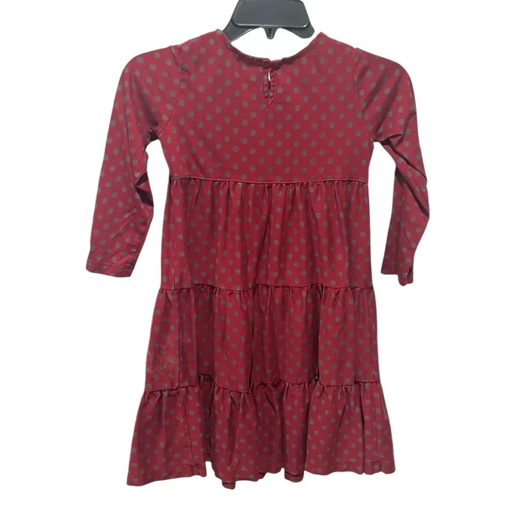 Hanna Anderson maroon gray polka dot long sleeve girls tiered dress size 6-7